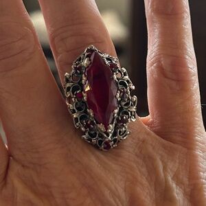 Intricate Filigree Silver Ring with Red Marquis Center Gemstone